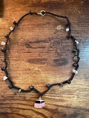 Handmade Black Bead Necklace with Pink Bus Pendant